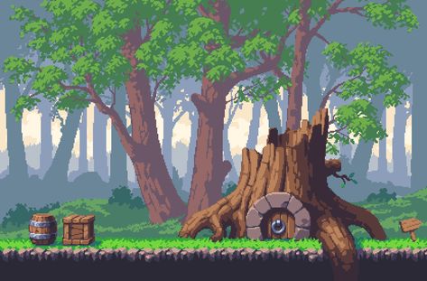 Pixel Art Forest Background, Complex Pixel Art, Home Pixel Art, Pixel Art Tree, Forest Pixel Art, Tree Pixel Art, Pixel Tree, Pixel Art Landscape, Indie Game Art