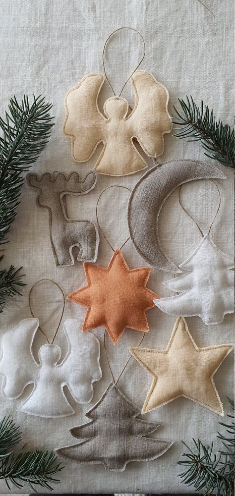 For your attention - our new handmade product - Christmas linen decorations for Christmas tree. Hope you will like them - they are really cute and attractive. But that is not only for fun! As all productions we have wastes and remnants of different materials. But we are care about our planet a lot and were thinking how to use them usefully. And that is the story how they appeared in our shop. Please find different figures in different colors of linen. We created next lovely toys: - stars - heart Handmade Christmas Toys For Tree, Christmas Toys Handmade, Linen Christmas Decorations, Christmas Textile Decorations, Christmas Tree Decoration Ideas 2024, Sustainable Christmas Decor, Zero Waste Christmas Decorations, Sewn Christmas Decorations, Christmas Tree Toys Handmade