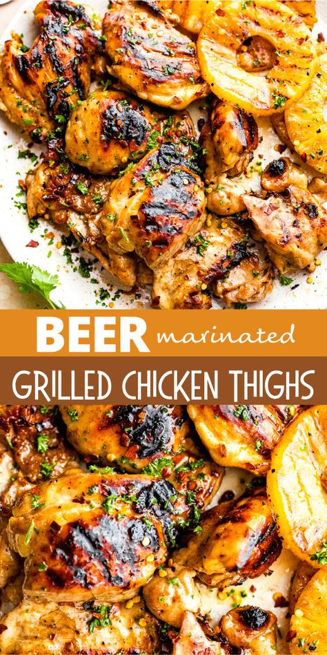 With the subtle taste of your favorite beer, these Beer Marinated Grilled Chicken Thighs are juicy, tender, and SO delicious!. Serve with your favorite salad or grilled veggies for an easy, healthy dinner any night of the week. Chicken Marinade With Beer, Chicken Thigh Recipes Grilling, Marinated Grilled Chicken Thigh Recipes, Chicken Beer Marinade, Grilled Chicken Thigh Sandwich, Grilled Chicken Thigh Recipes Bone In, Chicken Thigh Marinades, Glamping Meals, Summer Chicken Thigh Recipes