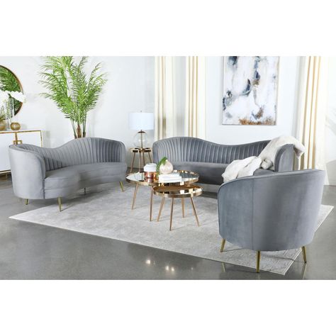 Grey Living Room Sets, Rooms Decoration, Comfy Accent Chairs, Velvet Living Room, Retro Room, Elegant Sofa, Grey Upholstery, Gold Legs, Curved Sofa