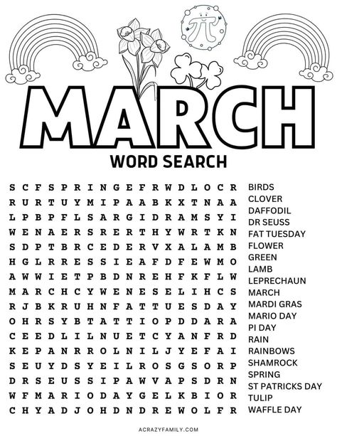 This free March word search printable worksheet is fun for kids of all ages and families! With 20 March-themed words, it is perfect for the classroom or as a fun activity at home. #March #Wordsearch #FreePrintable March Word Search Free Printable, Spring Word Search Free Printable, Activities For Kids At Home Printable, March Coloring Pages Free Printable, Free Word Search Puzzles Printables, Wordsearches For Kids Free Printable, Kids Word Search Free Printable, Free Word Search Printables, Wordsearches For Kids