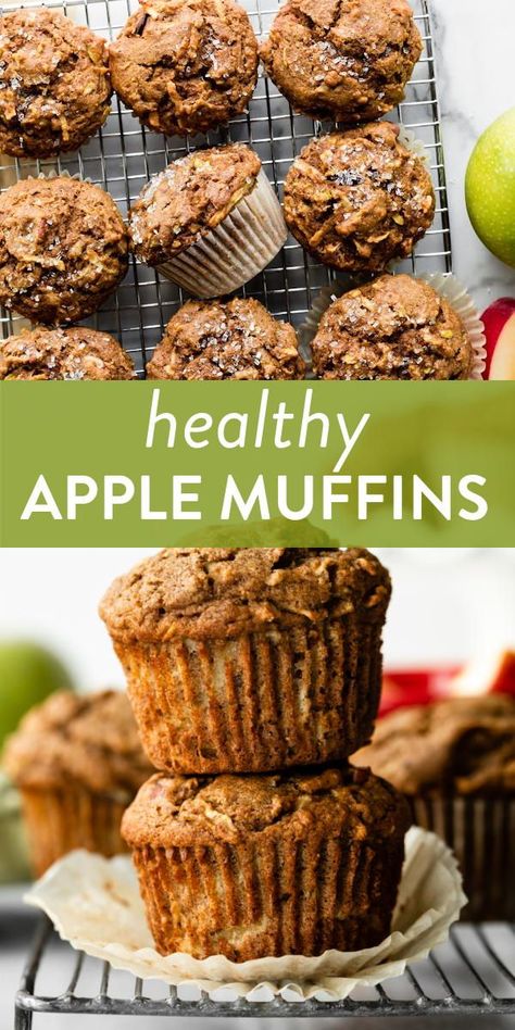 These are whole wheat healthy apple muffins made without any refined sugar. They're moist, soft, and packed with plenty of delicious cinnamon apple flavor! #healthy #apples #muffins #breakfast Apple And Oats Muffins, Healthy Apple Breakfast Muffins, Apple Oat Protein Muffins, Healthy Apple Pie Muffins, Healthy Vegan Apple Muffins, Apple Oat Muffins Healthy, Healthy Apple Oatmeal Muffins, Healthy Apple Muffins Oatmeal, Apple Flax Muffins