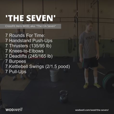 7 Rounds For Time: 7 Handstand Push-Ups; 7 Thrusters (135/95 lb); 7 Knees-to-Elbows; 7 Deadlifts (245/165 lb); 7 Burpees; 7 Kettlebell Swings (2/1.5 pood); 7 Pull-Ups Lima Wod Crossfit, Hero Wod Crossfit Workout, Cross Fitness Workouts, Crossfit Endurance, Hero Workouts, Wods Crossfit, Spartan Race Training, Crossfit Workouts Wod, Hero Wod