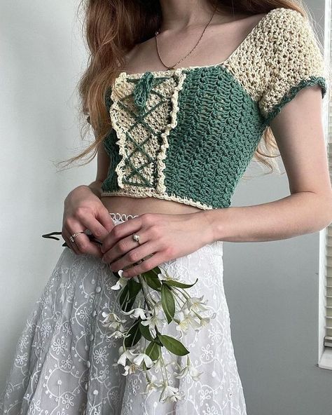 Crochet Long Sleeve Tie Top, Valentines Crochet Outfit, Crochet Ball Gown, Ren Faire Crochet, Crotchet Outfits Aesthetic, Kawaii Crochet Clothes, Tops Crochet Pattern, Croche Aesthetic, Easy Crochet Dress