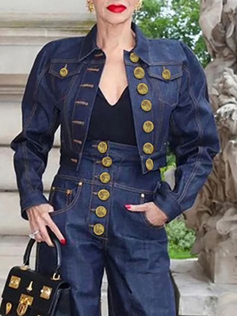 Long Sleeves Loose Buttoned Pockets Split-Joint Lapel Jackets Outerwear NAVY BLUE-S Shirt Collar Pattern, Chic Outerwear, Types Of Coats, Lapel Jacket, Loose Shirts, Denim Jacket Women, Fashion Seasons, Denim Coat, Casual Denim