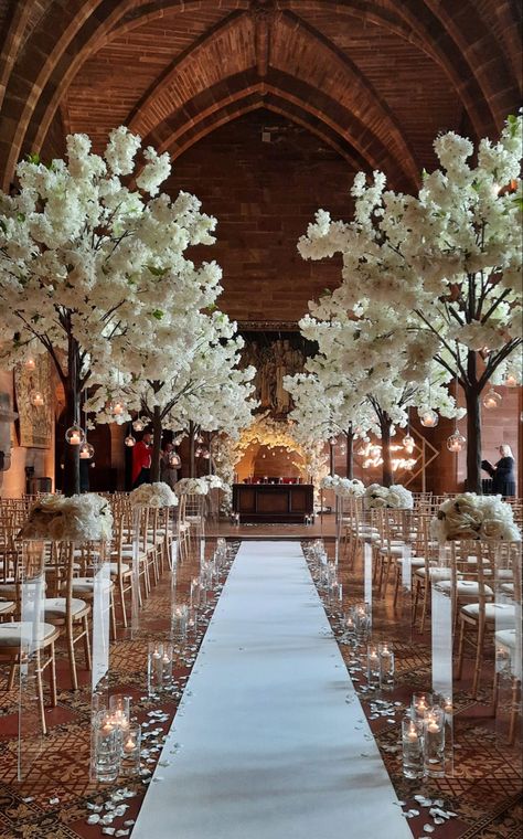 Blossom tree and candlelit aisle at Peckforton Castle Black White Gold Wedding Theme, Wedding Aisle Candles, Blossom Tree Wedding, Peckforton Castle, Candle Lit Ceremony, Cherry Blossom Decor, Wedding Tree Decorations, Floating Candles Wedding, Wedding Isles