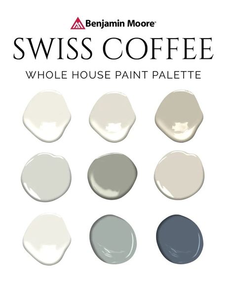 Swiss Mocha Benjamin Moore, Swiss Coffee And Evergreen Fog, Swiss Coffee And Agreeable Gray, Whole House Paint Scheme 2023 Benjamin Moore, Swiss Coffee Color Pallet, Swiss Mocha Paint Color, Snowbound Vs Swiss Coffee, Pale Oak With Swiss Coffee, Coordinating Colors With Swiss Coffee