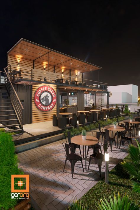 Container Cafe Design Ideas, Container Restaurant Ideas, Coffee Shop Design Outdoor, Outdoor Cafe Design Ideas, Outdoor Coffee Shop, Outside Bar, Rooftop Restaurant Design, Restaurant Exterior Design, Small Restaurant Design