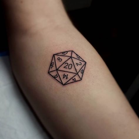 Simple Nerd Tattoos, Small D20 Tattoo, 20 Sided Dice Tattoo, Small Nerdy Tattoos Simple, Dnd Tattoo Ideas D20, Small Nerd Tattoos, Simple Dnd Tattoo, Tape Recorder Tattoo, Dice Tattoo Dnd