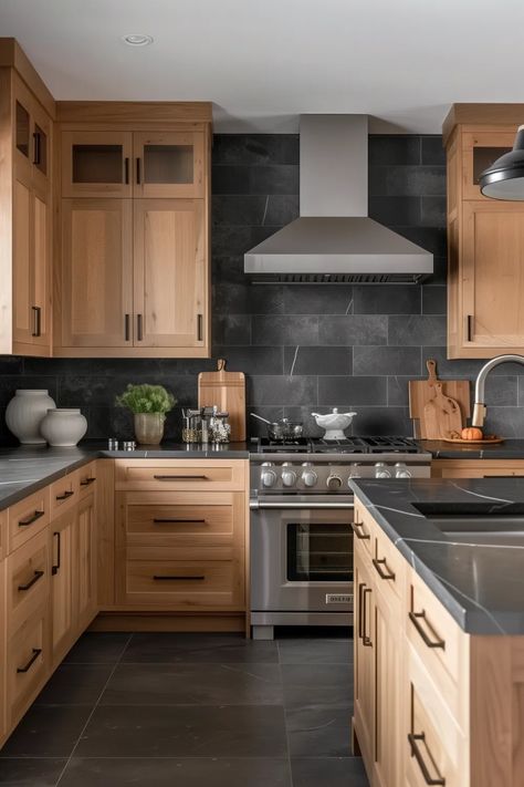 What New Kitchen Flooring Goes with Honey Oak Cabinets? Modern Kitchen With Hickory Cabinets, White Oak Cabinets Dark Countertops, Black Granite Wood Cabinets, New House Flooring Ideas, Refinished Cabinets Kitchen, Oak Kitchen Cabinets Modern, Light Oak Cabinets Kitchen, Resurface Cabinets, Kitchen Oak Cabinets