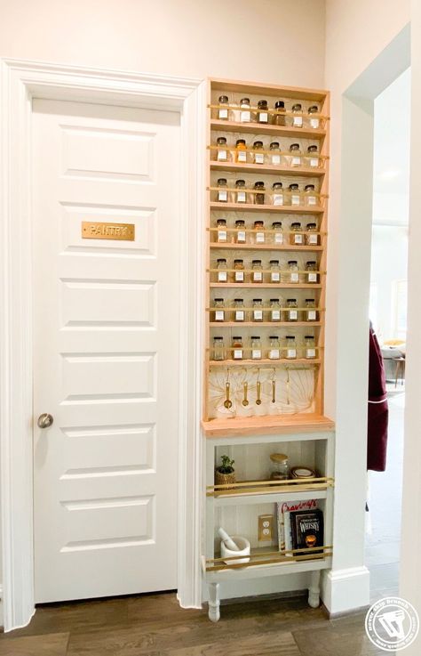 building a spice rack: wall spice rack diy » NEVER SKIP BRUNCH Spice Organization Wall, Wall Spice Storage, Pull Out Spice Rack Cabinet Diy, Spice Wall Organization, Pull Out Spice Rack Next To Fridge, Spice Shop Design Ideas, Homemade Spice Rack, Spice Wall Rack, Spice Rack Diy