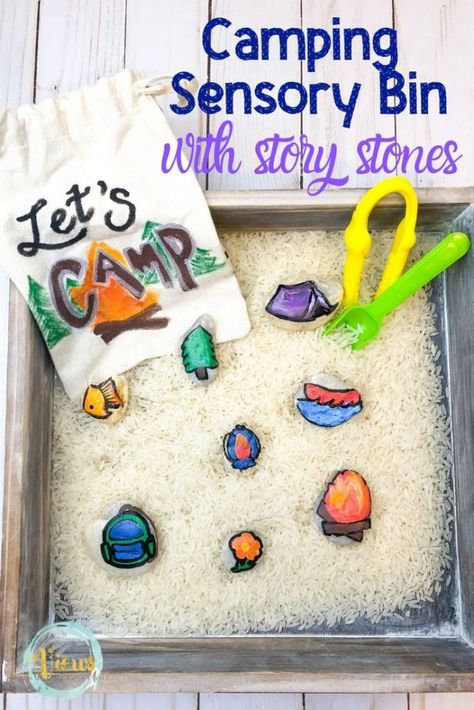 Camping Sensory Bin with DIY Story Stones Camping Provocation, Camp Theme Sensory Bin, Camp Sensory Bin, Camping Montessori Activities, Fine Motor Camping Activities, Camping Sensory Bin Preschool, Camping Sensory Bin, Indoor Camping Activities, Camping Activities For Preschool