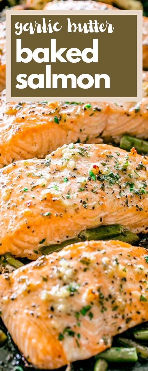 Baked on a sheet pan with your favorite veggies, this easy garlic butter salmon recipe makes tender, flaky salmon brushed with an incredible garlic butter sauce! Salmon Butter Garlic Sauce, Salmon Recipes Baked Garlic Butter, Easy Frozen Salmon Recipe, Southern Baked Salmon, Garlic Parm Salmon, Baked Salmon With Sauce, Seasoning Salmon Baked, Best Way To Season Salmon, Summer Salmon Recipes Healthy