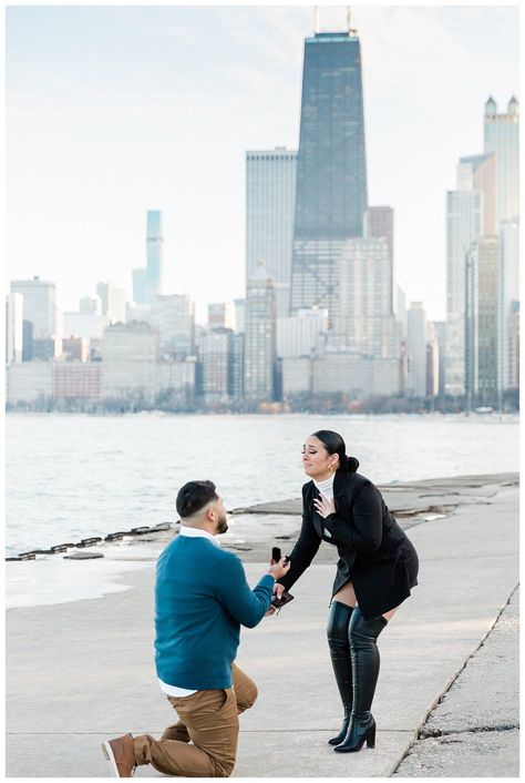 Chicago Proposal Engagement Photographer. Photography by Lauryn. Proposal Ideas Chicago, Downtown Proposal, Chicago Proposal Ideas, Skyline Proposal, Skyline Backdrop, Chicago Proposal, Milwaukee Skyline, 2024 Manifestations, Chicago Lakefront