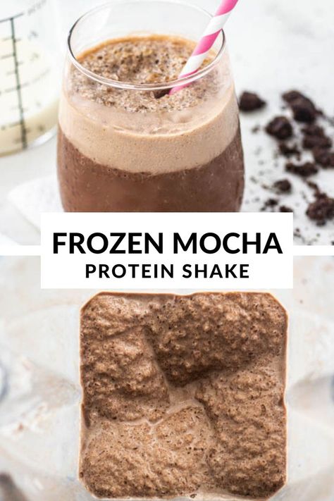 Protein Mocha Iced Coffee, Frozen Coffee Protein Shake, Frozen Protein Coffee, Frozen Protein Shake, Mocha Protein Shake, Mocha Shake, Protein Shake Recipe, Iced Coffee Protein Shake Recipe, Iced Coffee Protein Shake