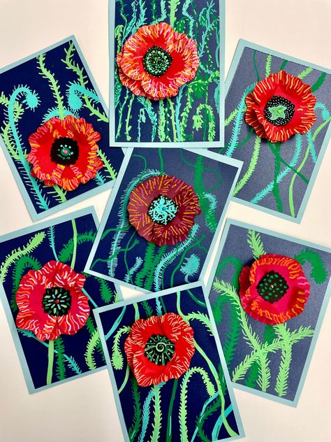 Veteran’s Day Poppies | Ms. Amsler's Artroom Poppy Art Ks1, Poppy Flower Art For Kids, Remembrance Day Art Elementary, Wreath Making Class, Veterans Day Elementary Art, Memorial Day Poppy Craft, Poppy Day Crafts, Remembrance Day Art Ideas, Poppy Art Project