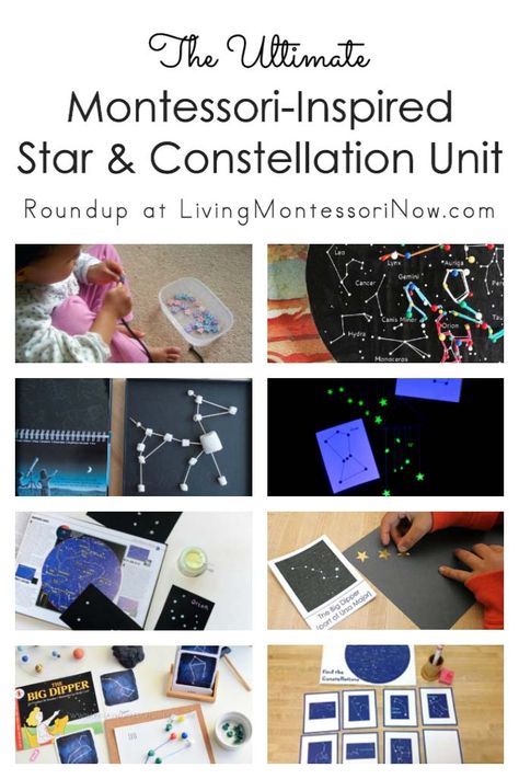 Montessori-inspired star and constellation unit with a roundup of resources and activities for multiple ages; perfect for classroom or homeschool - Living Montessori Now #Montessori #astronomy #constellations #homeschool #preschool #kindergarten Constellation Kindergarten Activities, Constellations For Kids, Constellation Activities For Kids, Stars And Constellations Activities, Montessori Cosmic Activities, Constellation Activities, Montessori Kindergarten, Space Preschool, Montessori Science