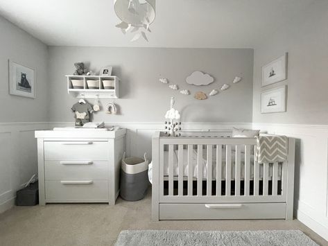 @jessicalouise.home on Instagram Grey And White Nursery, Nursery Themes Neutral, White Nursery Decor, Grey Crib, Nursery Tour, Grey Baby Nursery, Cloud Theme, Baby Boy Room Nursery, Baby Room Inspiration