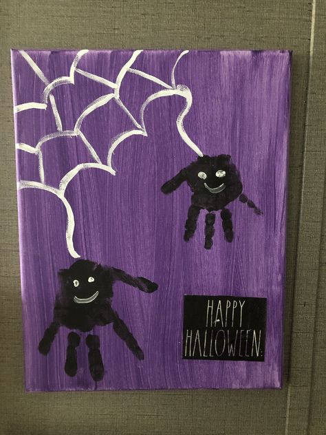 Halloween Paintings On Canvas For Kids, Halloween Paintings On Canvas Easy Kids, Halloween Canvas Paintings For Kids, Halloween Handprint Art For Toddlers, Paint Spider Web, Fall Canvas Painting Ideas Easy Diy, Halloween Handprint Art, Pumpkin Canvas Painting, Halloween Handprint