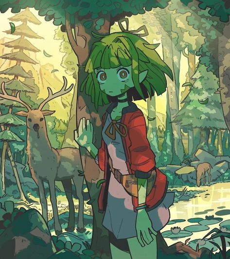 Green Hair, In The Woods, Deer, Trees, Illustrations, Green, Hair, Art