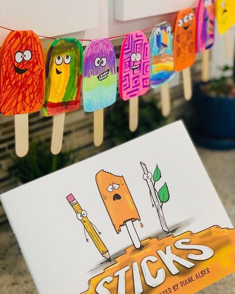 Diane Alber on Instagram: “They look so cute when you string them up together! ❤️❤️❤️ #sticks #scribblestickerart #iteach #elementaryteacher #kidart” Sticks Book Activities, Cricut Learning Activities, Kindergarten Art Stations, Saturday Activities, Diane Alber, Kindergarden Art, Author Study, Art Literature, Library Activities