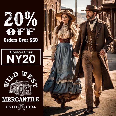 Hurry on Over! This Sale Ends Tomorrow!⌛ https://www.wwmerc.com/cgi-bin/Category.cgi?category=sale&utm_campaign=ny20FB&utm_medium=social&utm_source=Pinterest #wildwestmercantile #westernwear #westernstore #shopmesa #reenactments #reenactors #oldweststyle #westernstyle #stylesofthewildwest #cowboyactionshooting #singleactionshootingsociety #oldwestreenactment 1800s Western Aesthetic, Wild West Clothing, Wild West Saloon, Wild West Outfits, West Outfit, Cowboy Action Shooting, Cowboy Gear, Western Store, Cowboy Outfits