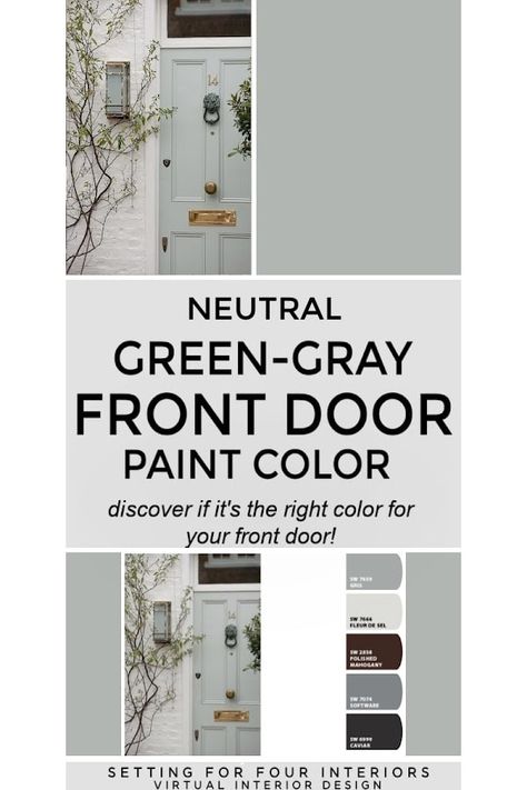 Discover this beautiful green-gray front door color! Learn all about it's undertones, coordinating colors & an exterior color scheme. Evergreen Fog Front Door, Grey House Green Door, Sage Green Front Door, Gray Front Door Colors, Brick Paint Colors, Grey Front Door, Red Brick Exteriors, Garage Door Colors, Grey Front Doors