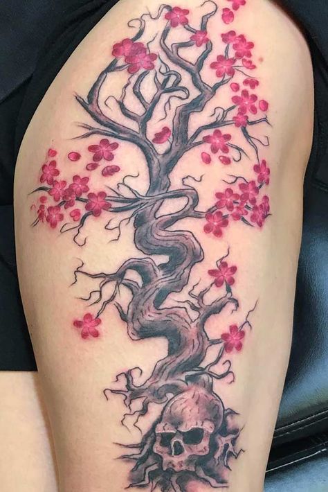 Big Cherry Tree Tattoo With Skull #skulltattoo #cherrytreetattoo #treetattoo ★  A delicate small or big cherry blossom tattoo with a meaning on back, arm, shoulder, side, wrist or on leg. #cherryblossomtattoo #cherryblossom #floraltattoo #womentattoo #tattoodesign #tattooideas Cherry Blossom Tree Tattoo On Leg, Skull Cherry Blossom Tattoo, Cherry Blossom Tree Tattoo On Arm, Tree Tatoos, Cherry Tree Tattoo, Black Cherry Tattoo, Cherry Tree Tattoos, Thigh Band Tattoo, Cherry Blossom Tree Tattoo