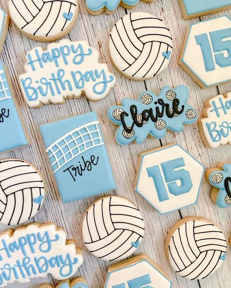 Volleyball Cookies Ideas, Volleyball Birthday Cookies, Volleyball Birthday Party Ideas Decoration, Volleyball Bday Party Ideas, Volleyball Royal Icing Cookies, Volleyball Decorated Cookies, Volleyball Sugar Cookies Decorated, Volleyball Cookies Royal Icing, Volleyball Birthday Party Ideas