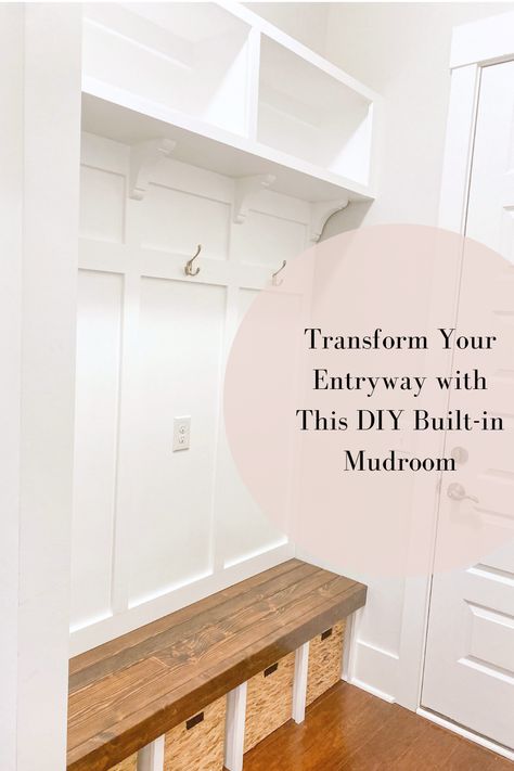 In this part 2 mudroom transformation, I show you how I board and batten the wall, add hooks, and build and install cubbies above the built-in mudroom bench. Shoe Bench Mudroom, Built In Bench Laundry Room, Board And Batten Mudroom Bench, Front Door Built In Bench, Board And Batten Mudroom Lockers, Diy Entry Mudroom, Built In Bench Mudroom Diy, Small Mudroom Cubbies, Mud Room Build In