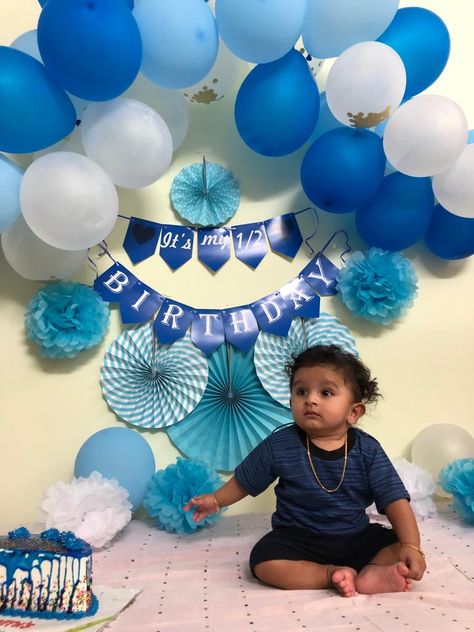 6month Birthday Decoration Ideas, Half Birthday Decoration Ideas, Half Birthday Ideas For Boys, Half Birthday Photoshoot, Half Birthday Baby Boy, Photoshoot For Baby, Six Month Birthday, Boy Birthday Pictures, Monthly Photoshoot