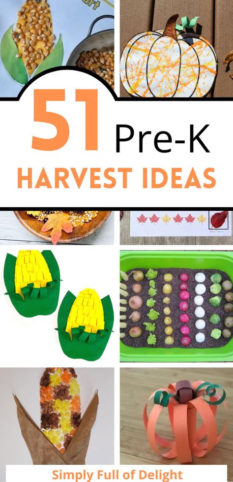 best fall harvest activities - harvest sensory bin, corn paper crafts, pumpkin art, and playdough pumpkin art Harvest Learning Activities, Harvest Time Crafts For Toddlers, Fall Farm Art Preschool, Easy Harvest Crafts For Kids, Fall Harvest School Festival, Harvest Small Group Activities Preschool, Fall Harvest Lesson Plan Preschool, Fall Harvest For Preschool, Harvest Week Activities