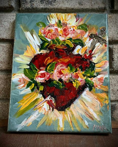 Easter Catholic Art, Painting Ideas On Canvas Virgin Mary, Abstract Virgin Mary, Immaculate Heart Of Mary Painting, Sacred Heart Painting Mexican, Mexican Heart Painting, Mexican Paintings Ideas On Canvas, Sacred Heart Art Painting, Catholic Painting Ideas