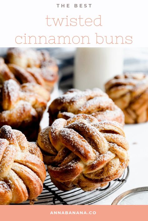 Discover these sweet and sticky, beautiful cinnamon buns! They're made with soft and fluffy dough, filled with aromatic cinnamon butter and twisted into the prettiest knots #cinnamonbuns #bakingrecipes Sweet Brioche Buns, Cinnamon Twists Recipe, Cinnamon Bun Recipe, Cinnamon Twists, Anna Banana, Twisted Recipes, Cinnamon Butter, Sweet Buns, Sweet Rolls