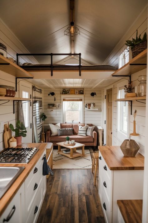 Small Cabin Sleeping Ideas, Tiny Cabin Interior Ideas, Cabin Style Tiny House, Mini House Interior Design, Interior Design For Tiny House, Tiny Homes From Sheds, Tiny Home Kitchen Living Room Combo, Tiny Rustic House, Coastal Tiny House Interior Design