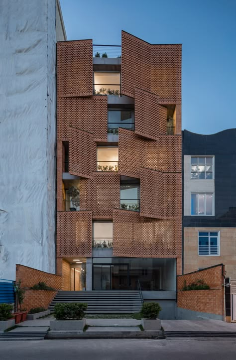 Tehran housing by Fundamental Approach Architects uses perforated brick Architecture Art Nouveau, Facade Architecture Design, Residential Building Design, Modern Architecture Building, Brick Architecture, Brick Facade, Brick Design, Building Facade, Brick Building