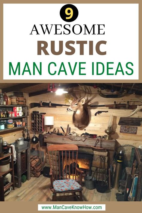 SEE PINS BELOW FOR PRODUCTS & visit website for more. The rest of your home looks as fresh and current as can be, but what about your man cave? Can you give it the kind of rustic makeover you’ve always dreamed of? You bet you can // rustic man cave ideas #rusticmancave #rusticmancaveideas #mancaverustic #mancaverusticideas #affiliate #rusticmancavedecor #rusticmancavegarage #rusticmancaveshed #rusticmancavebasement #rusticmancavebasementdesigns #mancavedesignideas #mancaveideas Rustic Mancave Ideas, Man Cave Vintage, Hunter Decor Rustic, Rustic Hunting Cabin Interior, Rustic Man Cave Ideas Room Small, Man Cave Hunting Room, Mens Cave Ideas Room, Man Shed Ideas, Home Office For Men Rustic