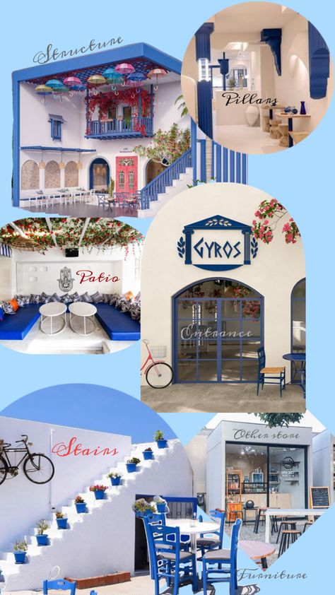 Restaurant Mood Board, Greece Restaurant, Greek Interior Design, Greek Cafe, Dream Cafe, Grazing Board, Aesthetic Cafe, Greek Restaurants, Juice Bar