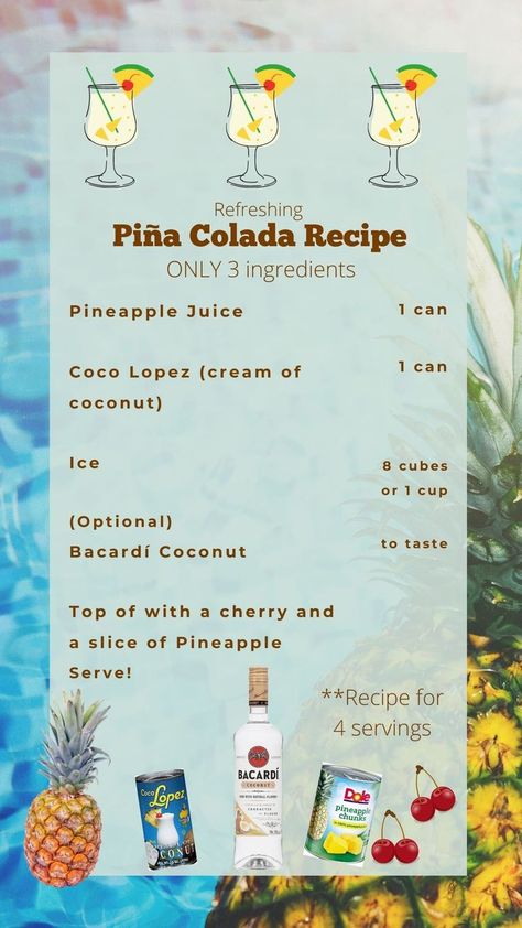 You can find the whole recipe on the picture. Piña Colada is a traditional Puerto Rican recipe, super simple and refreshing. It was first made with Don Q but I recommend using Bacardi Coconut since it will give it a sweet taste and wont give you that alcohol kick that doesn't let you enjoy the delicious flavors of it. (This is a 4 serving recipe only, if desired you can add or cut the amount to fit your needs.) Pina Colada Non Alcoholic, How To Make Pina Colada Non Alcoholic, Puerto Rican Pina Colada Recipe, How To Make Virgin Pina Colada, Pina Colada Recipe Coco Lopez, Piña Colada Without Alcohol, Pina Colada Alcoholic Drink, Pina Colada Recipe For A Crowd, Piña Colada Recipe