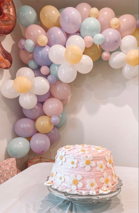 Pastel Flower Birthday Party, Pastel 21st Birthday Decorations, Two Groovy Birthday Cake, Groovy Birthday Cake, Pastel Birthday Party, Pastel Theme Party, Flower Party Themes, Two Groovy Birthday, Flower Balloons