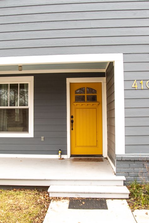 Craftsman style home with mustard yellow front door Mustard Yellow Door Grey House, Mustard Door Grey House, Mustard Front Door Color, Mustard Front Door, Mustard Yellow Front Door, Mustard Yellow Door, Mustard Door, Dark Grey Houses, Yellow Front Door