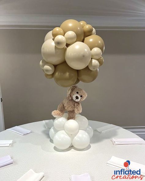 Teddy Bear Hanging From Balloons, Teddy Bear On Cloud Centerpiece, Bear And Balloon Centerpiece, Bear Table Centerpiece, We Can Barely Wait Centerpieces, Cloud Balloon Garland, Teddy Bear Table Centerpieces, Small Balloon Decorations, Bear Balloon Centerpiece