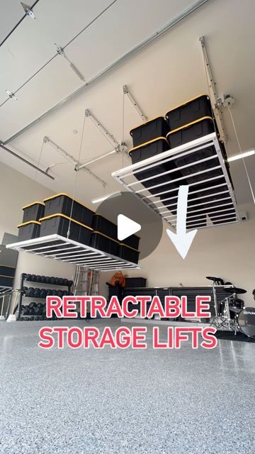 Ceiling Storage and More on Instagram: "Garage STORAGE done right 👍🏼" Garage Eaves Storage, Apartment Garage Storage, Shop Overhead Storage, Kayak Ceiling Storage, Small Garage Layout, High Garage Storage, Retractable Garage Ceiling Storage, Garage Suspended Storage, Garage Wood Storage Ceiling