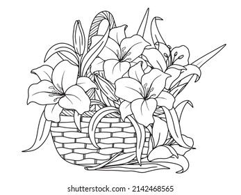 Lily flower in basket, outline illustration for coloring page Flower In Basket Drawing, Outline Images Of Flowers, Flower Basket Sketch, Basket Of Flowers Drawing, Flower Basket Drawing, Flower In Basket, Bucket Drawing, Clay Diys, Lily Images