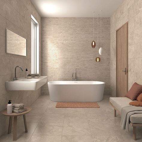 BEIGE BATHROOM IDEAS – Beige stems from brown. The colour attracts us because it looks bright and homey. No wonder that many house owners apply the co... Beige Bathroom Tile, Beige Bathroom Tiles, Beige Tile Bathroom, Brown Tile Bathroom, Drømme Bad, Bathroom Ideas Beige, Bathroom Feature Wall, Makeover Kamar Mandi, Beige Bathroom Ideas