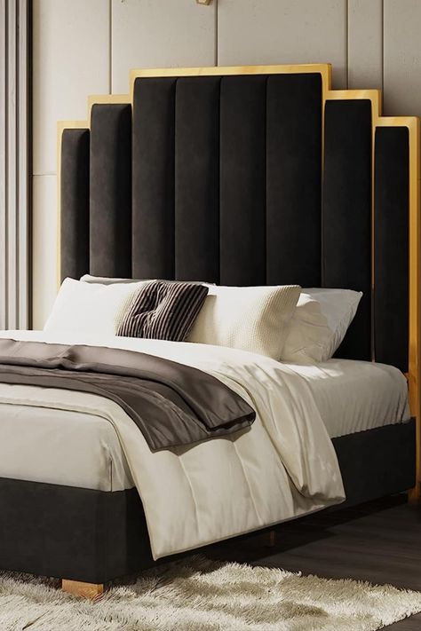 Gold Bed Frame Black Wall, Black Gold Bed Room, Black Velvet Bed, Gold Bed Frame, Queen Size Bed Frame, Velvet Bed Frame, Headboard Upholstered, Gold Bed, Modern Platform Bed