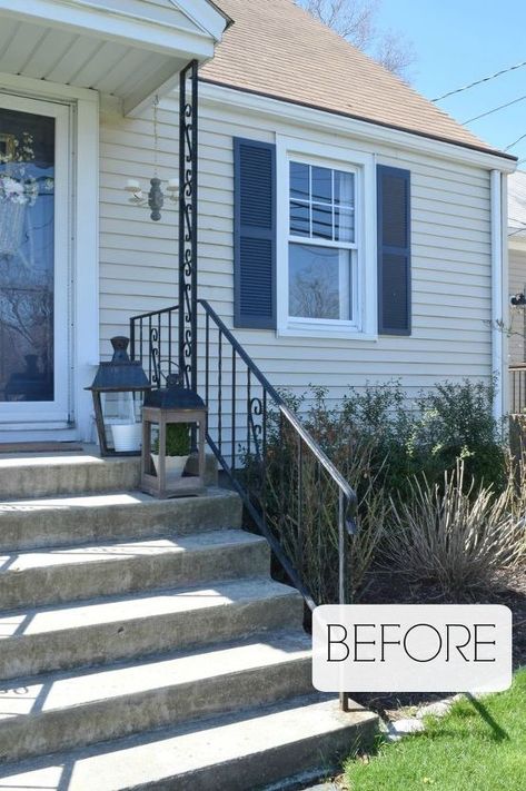 Cement Stairs, Porch Curb Appeal, Front Porch Curb Appeal, Front Porch Stairs, Cement Steps, Concrete Front Porch, Front Porch Railings, Porch Stairs, Front Porch Steps