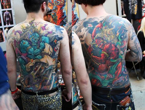 God of thunder /god of wind tattoo by Cang Long Japanese Thunder God Tattoo, God Of Wind Tattoo, Japanese Thunder God, God Of Wind, Wind Tattoo, God Tattoo, Thunder God, God Of Thunder, God Tattoos