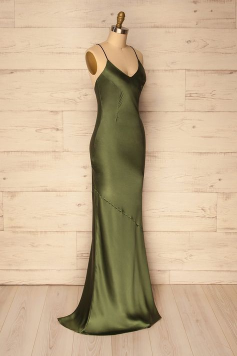 Olive Green Elegant Dress, Classy Green Prom Dress, Dark Olive Green Prom Dress, Olive Green Grad Dress, Prom Dress Olive Green, Prom Dresses Olive Green, Formal Dresses Low Back, Olive Formal Dress, Olive Prom Dresses