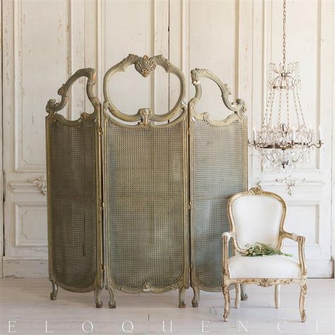 French Country Style Vintage Dressing Room Screen Divider: 1940 | Kathy Kuo Home Dressing Room Divider, Vintage Dressing Rooms, Dressing Screen, Room Divider Screen, Divider Screen, Room Screen, غرفة ملابس, Vintage Room, Country Style Homes